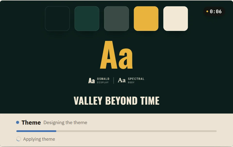 The build view: the new theme, with its colour swatches, its Oswald and Spectral type pair, and the deck title set in it