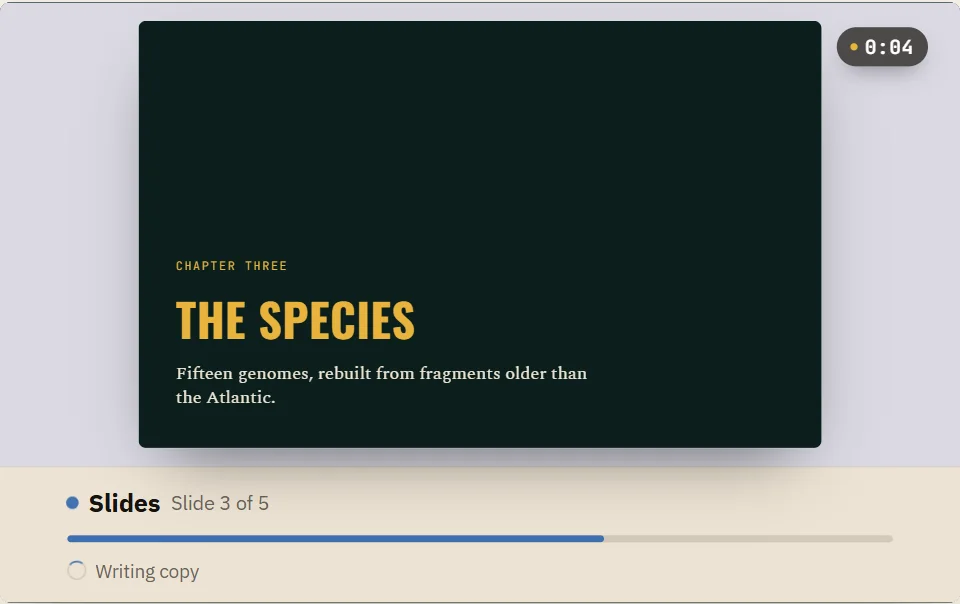 The build view: a finished slide reading The Species, with the progress bar on slide three of five