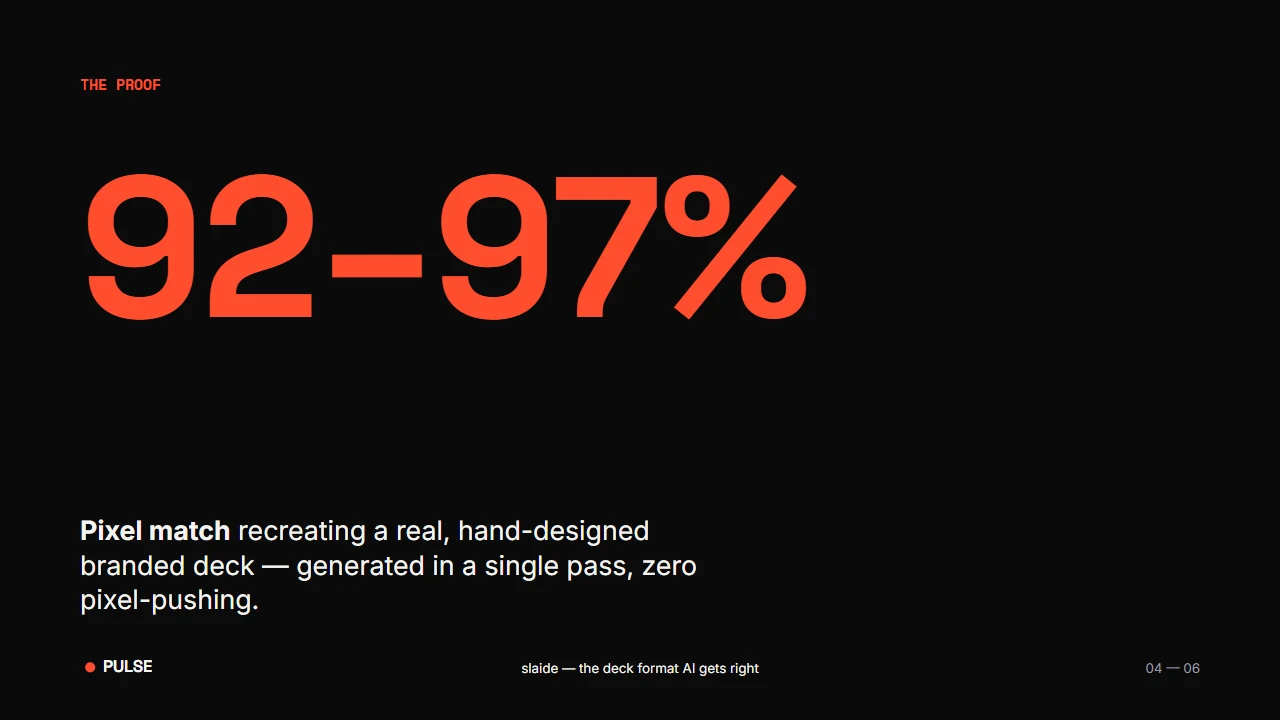 A dark slide with a large red 92-97% figure and the words 'Pixel match recreating a real, hand-designed branded deck'.