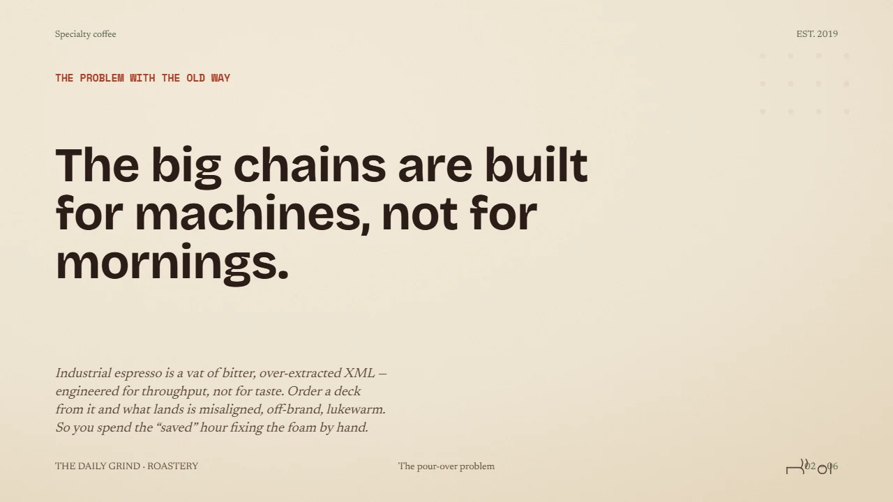 A cream slide headed 'The big chains are built for machines, not for mornings.' from the Daily Grind roastery example deck.