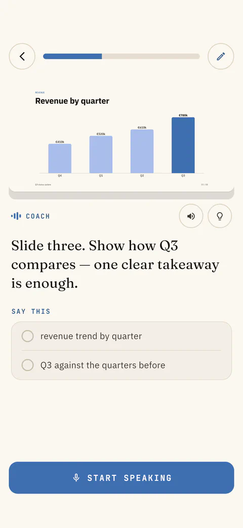 Coach brief for the Revenue by quarter slide, with two points to say and a Start speaking button.