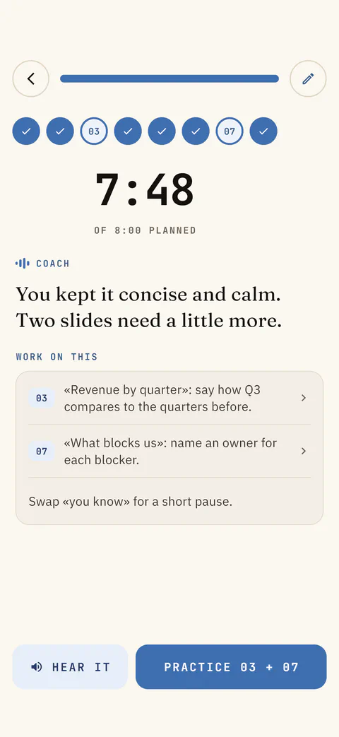 Run summary: 7:48 of 8:00 planned, with notes for slides 3 and 7 and a Practice 03 + 07 button.