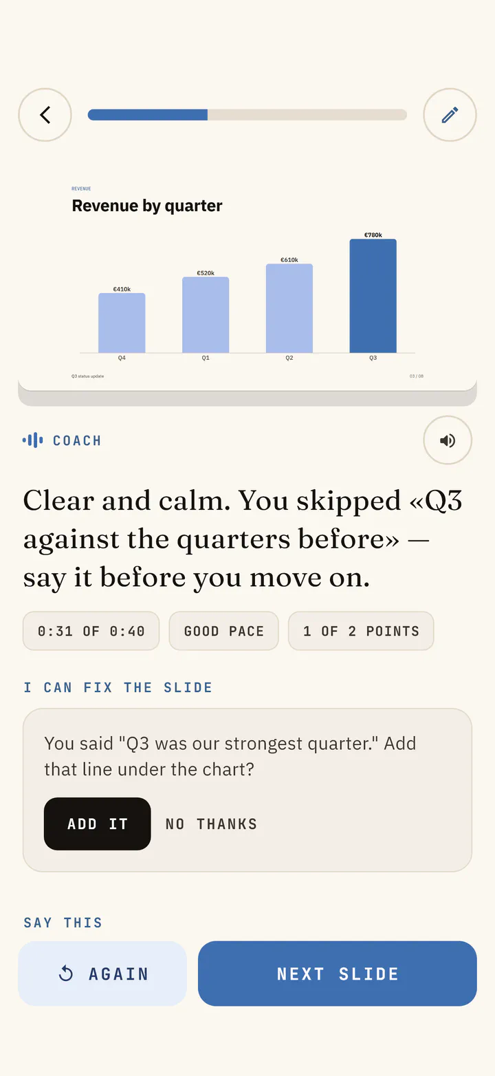 Coach note: clear and calm, but one point was skipped. Below it, an offer to add a line to the slide.