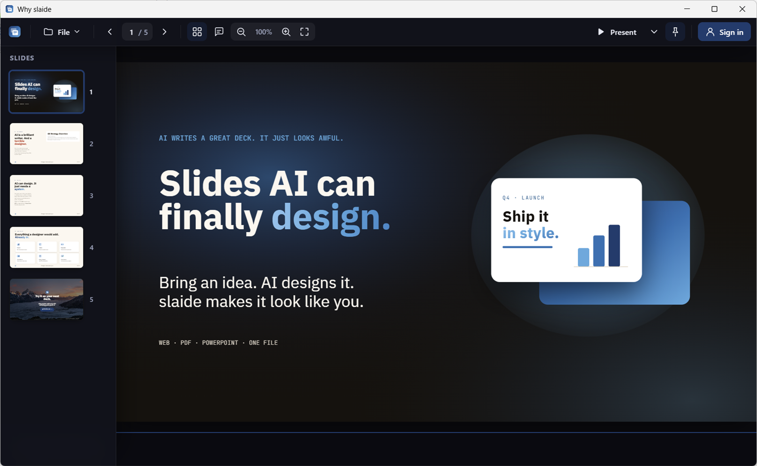 The Slaide desktop app with the slide rail on the left and the toolbar on top