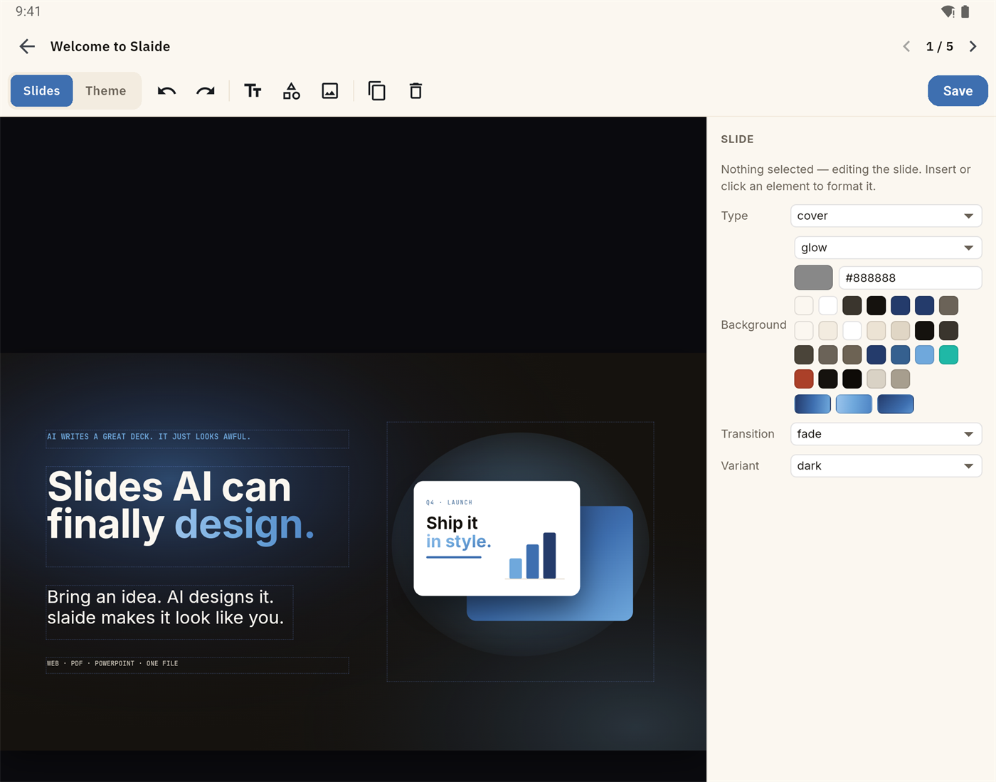 The mobile editor with the slide inspector open beside the canvas
