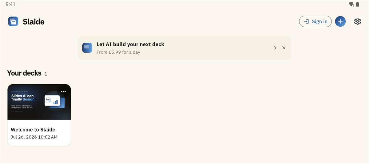 The Slaide library on an iPad, with one deck and the AI banner