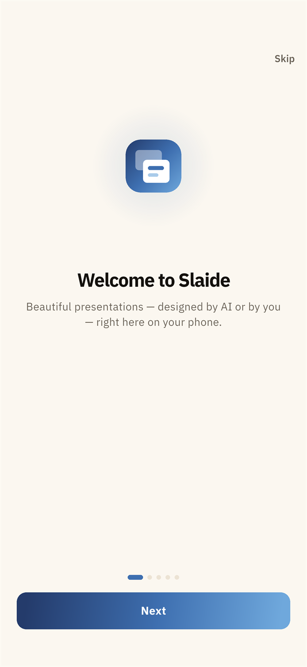The welcome screen of the Slaide mobile app