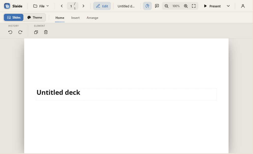 The Slaide web editor with the toolbar, the ribbon, and the slide canvas