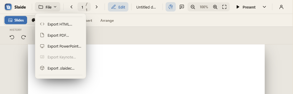 The File menu of the web editor, open on the export items