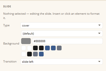 The slide inspector with the type, background, and transition of the current slide